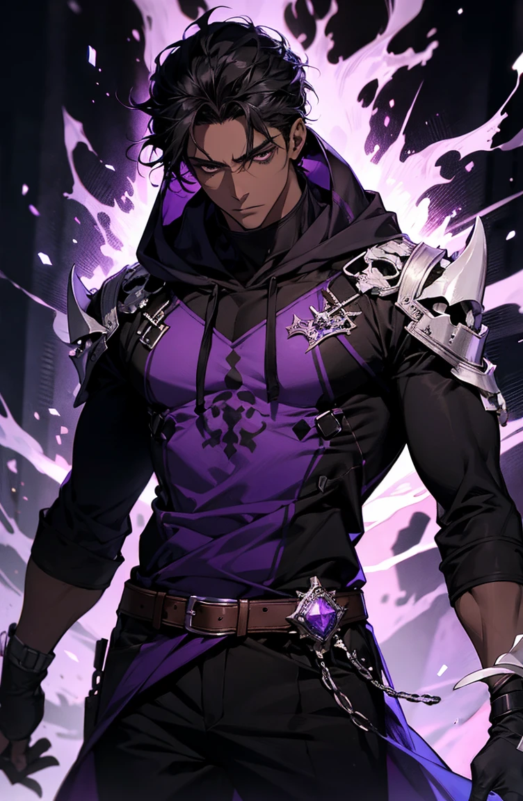 male with bones, looking away from camera, skulls, bones, handsome, black, dark skin, tall, broad shoulders, black hair, purple, purple fire, magic, detailed face, fantasy, hoodie
