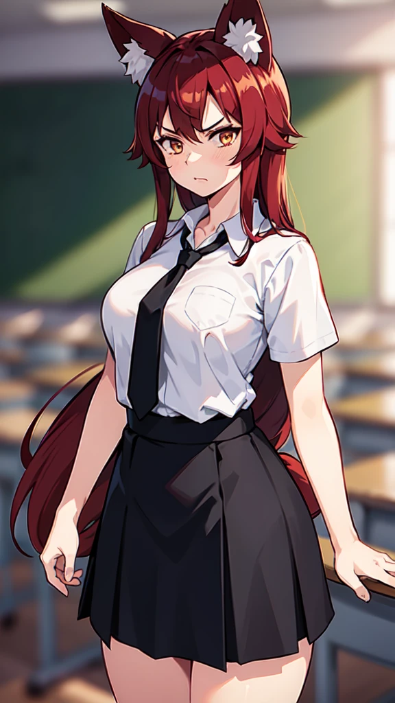 1girl ,20s,mature female,angry,white shirt,short sleeves,(black standard tie),black school skirt,red hair,long hair,fox ears,(classroom),cowboy shot