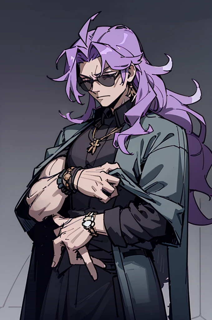 Male, guy, dude, long hair, curly hair, purple hair, medieval clothes, royal clothes, tons of bracelets and watches, money, rich, black shades, shades, cunning, muscular, masculine, simple background, curly hair
