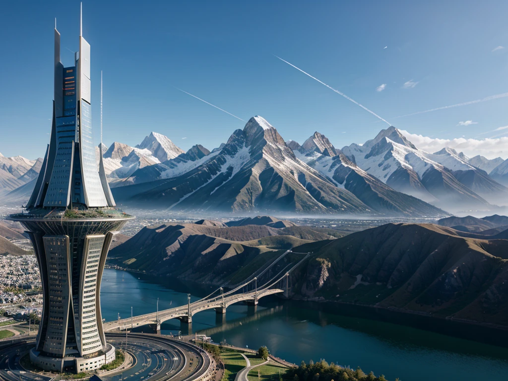 futuristic city, fantasy, 23rd century, mountains