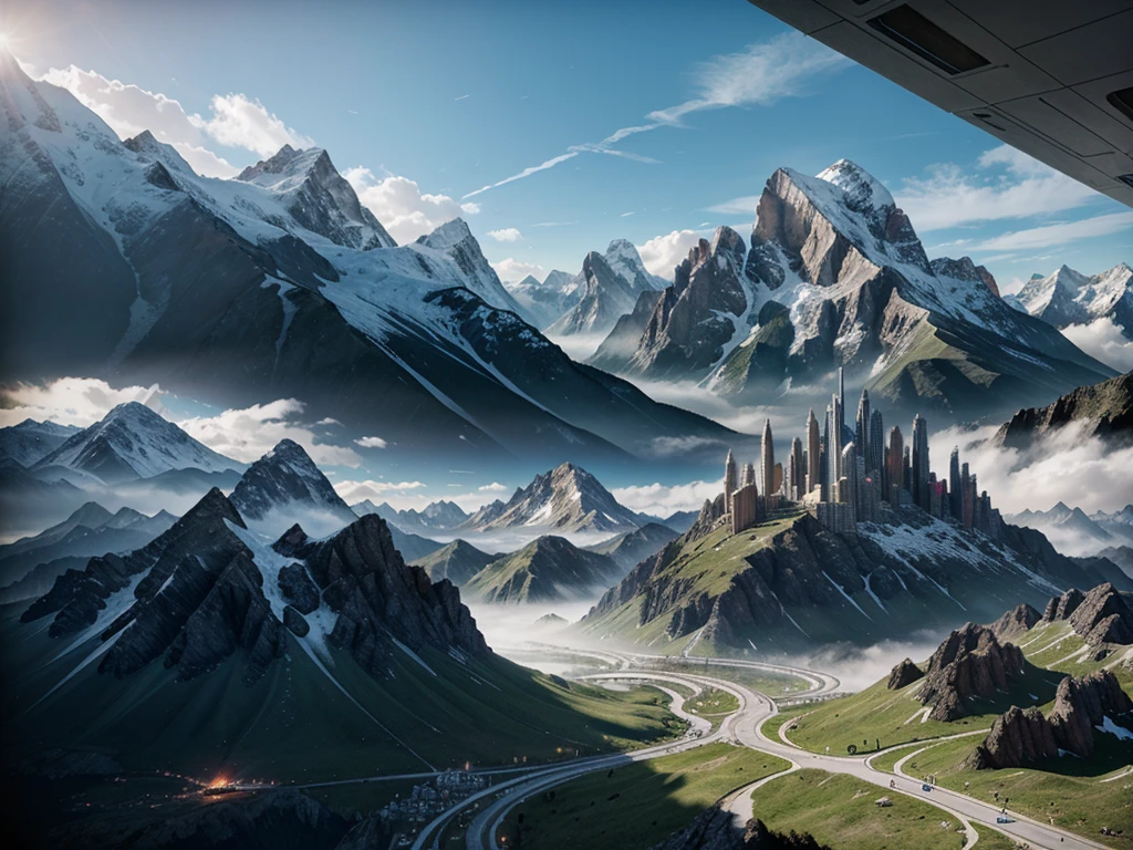 futuristic city, fantasy, 23rd century, mountains