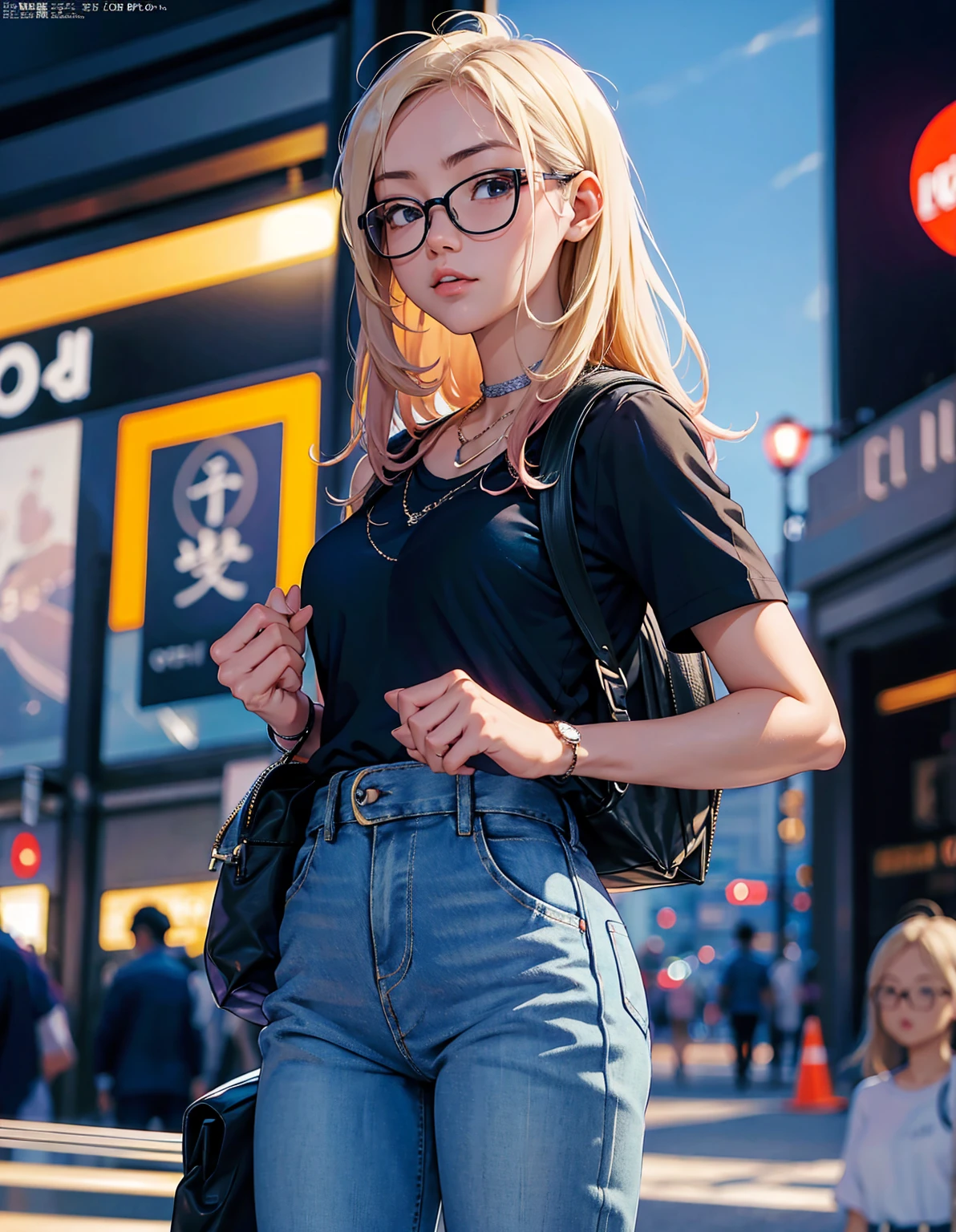 Tourist magazine in hand、高層ビルが立ち並ぶ東京を見上げながら一人in観光している女性がいる。She is carrying a backpack、Wearing glasses、Wearing casual t-shirt and jeans。Interested in the cityscape?々in、Occasionally he stops and looks around.。From that appearance、You can feel the anticipation and excitement of visiting Tokyo for the first time.。