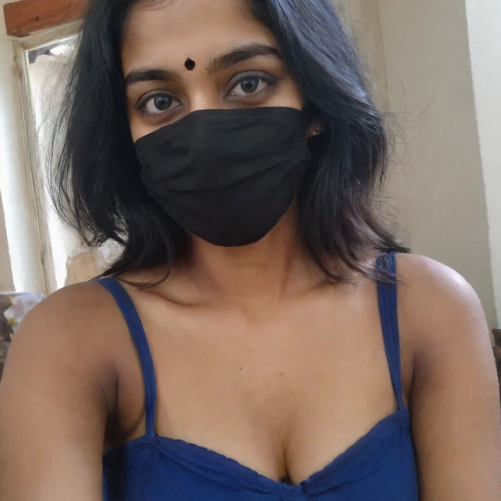 phone photo of an 18year old poor Indian girl at home, blue top, cleavage clearly visible, wearing a black mask, uploaded on snapchat