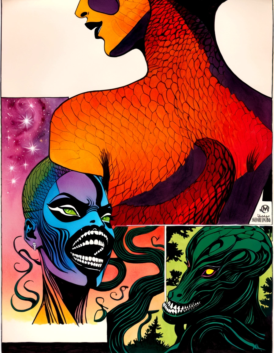 Medusa, splash page decompressed comic cover art, ink style figure,((expressive Joelle Jones and "Sean Gordon Murphy" comic drawing)), wordless, cinematic poster, double exposure, optical illusion, image within image, abyss void black no visibility darkness, full length portrait, (background, pine barrens, entropy, rewilding, magic hour sunset, galaxy stars, cosmos), (horror, abstract, surreal, body, cosmic), candid, snake skin dress, morphology anatomy drawn Frederic Delavier musculature anatomical illustration, (face, ornate black metal corpse paint, resembles Grace Jones), (body, Naga, snakefolk, lower body snake tail, snake woman hybrid, bald, hairless, skeleton, snake skin tattoos, piercing eyes, snake pupils, over the shoulder), (colors, bleak muted deep fiery radiant glowing ROYGBIV, forest green, earth brown), craftsmanship nuance, (Gerardo Zaffino charcoal), subliminal orchids, nyctophobia, silhouette