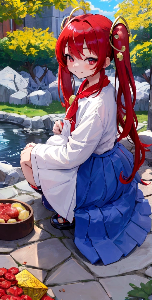 ((masterpiece)), ((best quality)), (ultra-detailed), ((extremely detailed)), 4K, (8K), 6歳、bionde、parted bangs 𝐬𝐡𝐨𝐫𝐭𝐜𝐮𝐭、Hot highest quality, Masterpiece、Virtual Youtuber, Kindergarteners、1girl,、Red tiny twin tails、Left eye red gold、Right Eye Gold、smile、blue hair、red inner hair