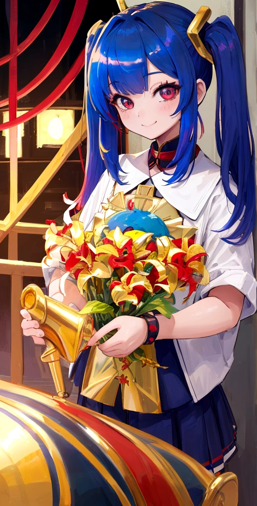 ((masterpiece)), ((best quality)), (ultra-detailed), ((extremely detailed)), 4K, (8K), 6歳、bionde、parted bangs 𝐬𝐡𝐨𝐫𝐭𝐜𝐮𝐭、Hot highest quality, Masterpiece、Virtual Youtuber, Kindergarteners、1girl,、Red tiny twin tails、Left eye red gold、Right Eye Gold、smile、blue hair、red inner hair