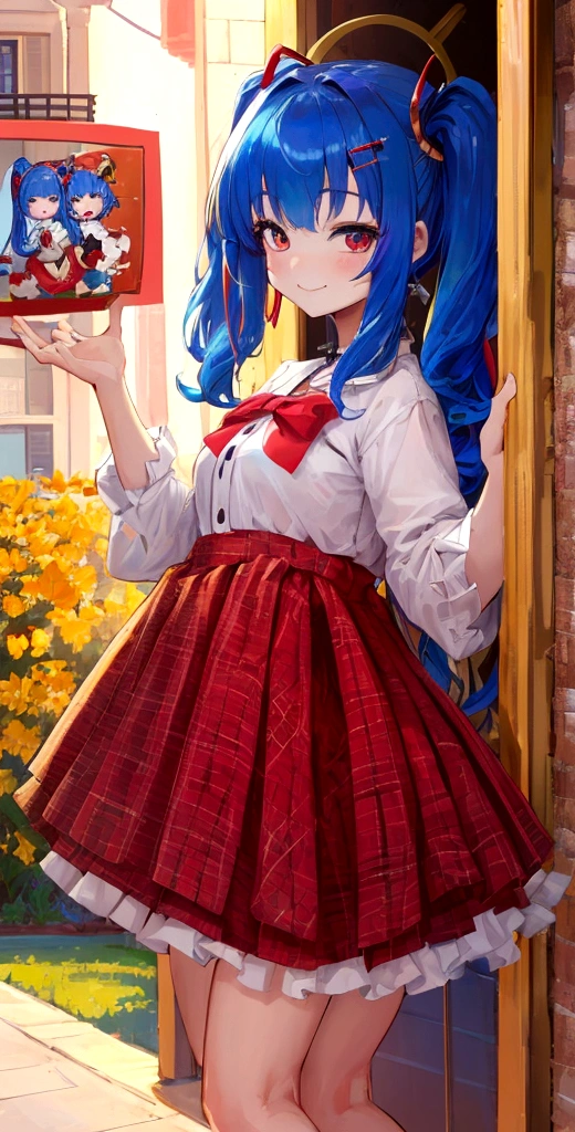 ((masterpiece)), ((best quality)), (ultra-detailed), ((extremely detailed)), 4K, (8K), 6歳、bionde、parted bangs 𝐬𝐡𝐨𝐫𝐭𝐜𝐮𝐭、Hot highest quality, Masterpiece、Virtual Youtuber, Kindergarteners、1girl,、Red tiny twin tails、Left eye red gold、Right Eye Gold、smile、blue hair、red inner hair