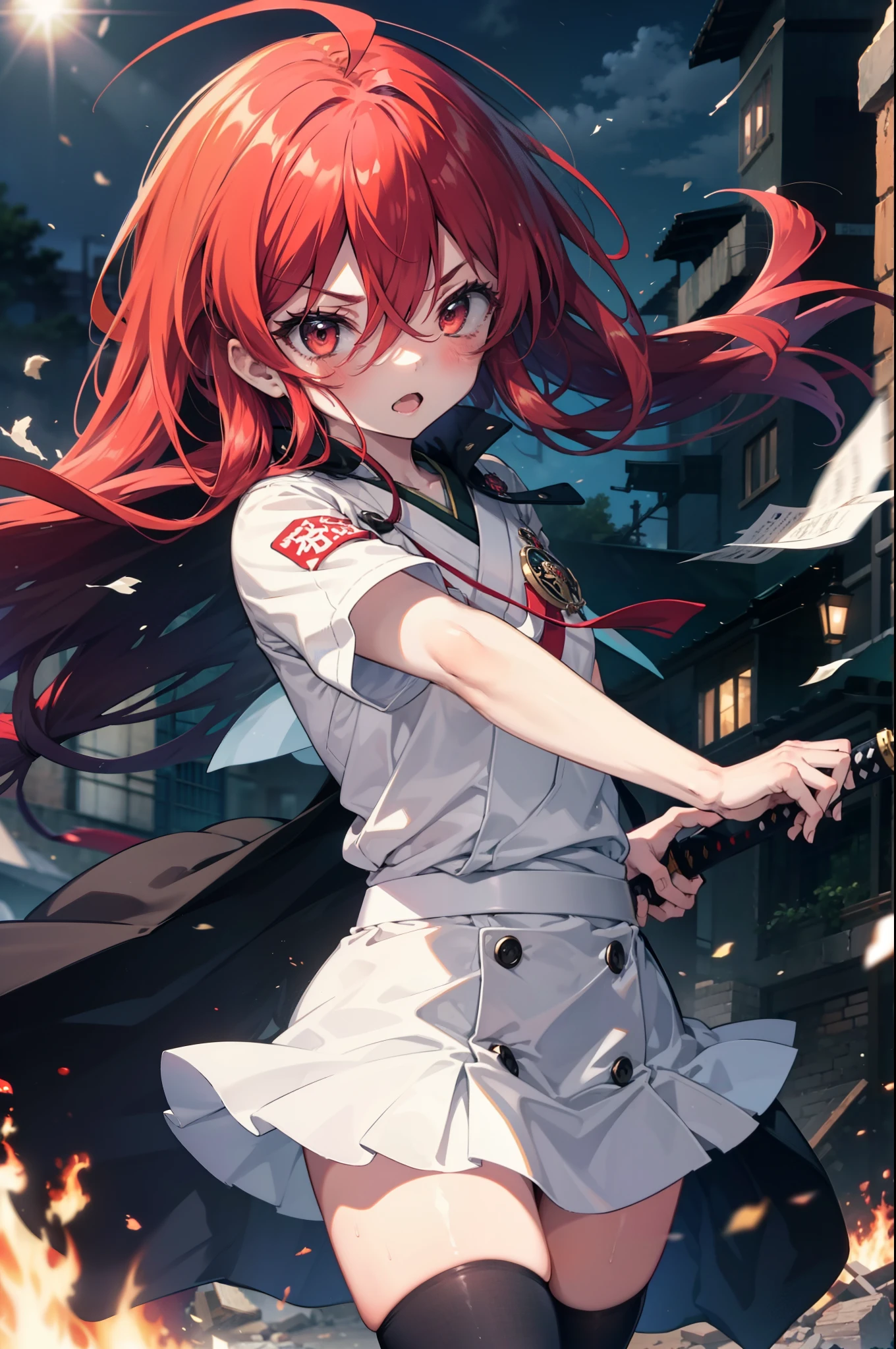 1 Girl, Cowboy Shot, rubble ruins, anger, (Preparing for battle:1.2), Open your mouth, (night:1.2), Explosive inflammation,Shana, Red eyes, Redhead, Very long hair, Hair between the eyes, (Ahoge:1.1), , , Seraphim, White shirt, Short sleeve, Green Skirt, Knee socks, Black rider suit,In his left hand he holds a flaming Japanese sword..,Highest quality, masterpiece, High resolution,