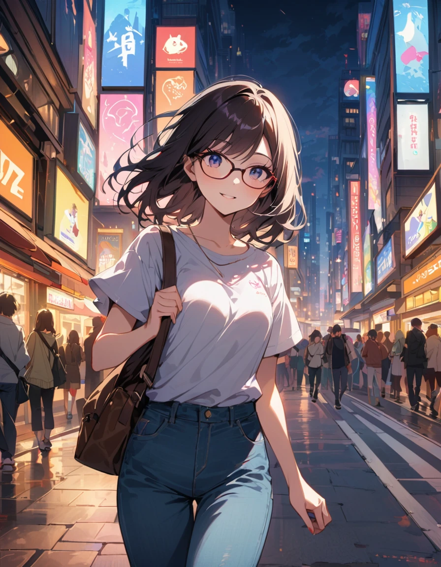 Tourist magazine in hand、高層ビルが立ち並ぶ東京を見上げながら一人in観光している女性がいる。She is carrying a backpack、Wearing glasses、Wearing casual t-shirt and jeans。Interested in the cityscape?々in、Occasionally he stops and looks around.。From that appearance、You can feel the anticipation and excitement of visiting Tokyo for the first time.。