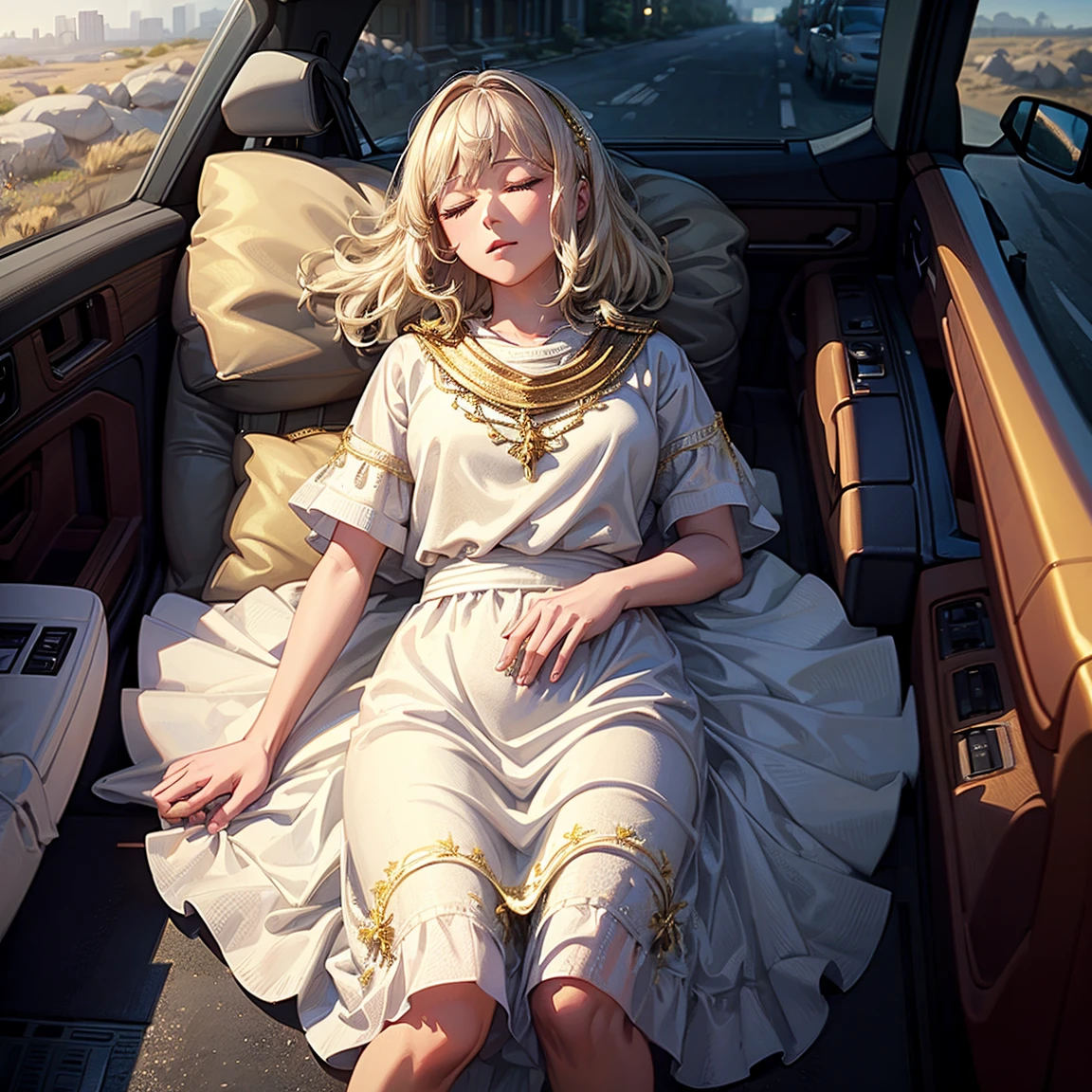 ((Masterpiece)), ((best quality)), 8k, high definition, super detail, (woman), (White dress studded with yellow gold trim.), (Scattered gold hair shawl), (expression eyes closed ) (Sleeping in a car 1.6) (Full body screen 1.4) The artwork is a masterpiece, with the best quality and super detail, captured in 8k high definition. Photographic realistic, realistic, very detailed illustrations realistic, Octane representation