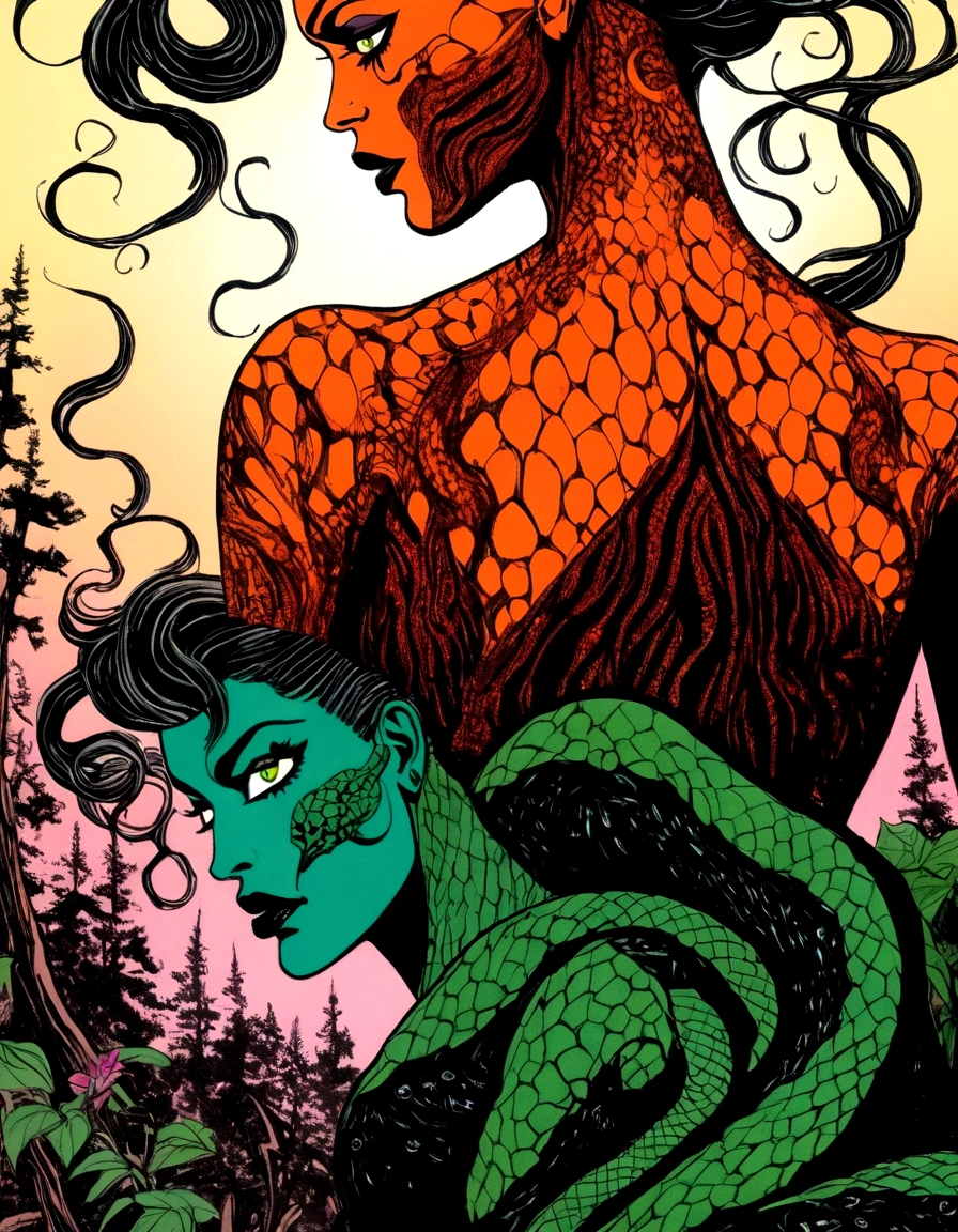 Medusa, splash page decompressed comic cover art, ink style figure,((expressive Joelle Jones and "Sean Gordon Murphy" comic drawing)), wordless, cinematic poster, double exposure, optical illusion, image within image, abyss void black no visibility darkness, full length portrait, (background, pine barrens, entropy, rewilding, magic hour sunset, galaxy stars, cosmos), (horror, abstract, surreal, body, cosmic), candid, snake skin dress, morphology anatomy drawn Frederic Delavier musculature anatomical illustration, (face, ornate black metal corpse paint, resembles Grace Jones), (body, Naga, snakefolk, lower body snake tail, snake woman hybrid, bald, hairless, skeleton, snake skin tattoos, piercing eyes, snake pupils, over the shoulder), (colors, bleak muted deep fiery radiant glowing ROYGBIV, forest green, earth brown), craftsmanship nuance, (Gerardo Zaffino charcoal), subliminal orchids, nyctophobia, silhouette
