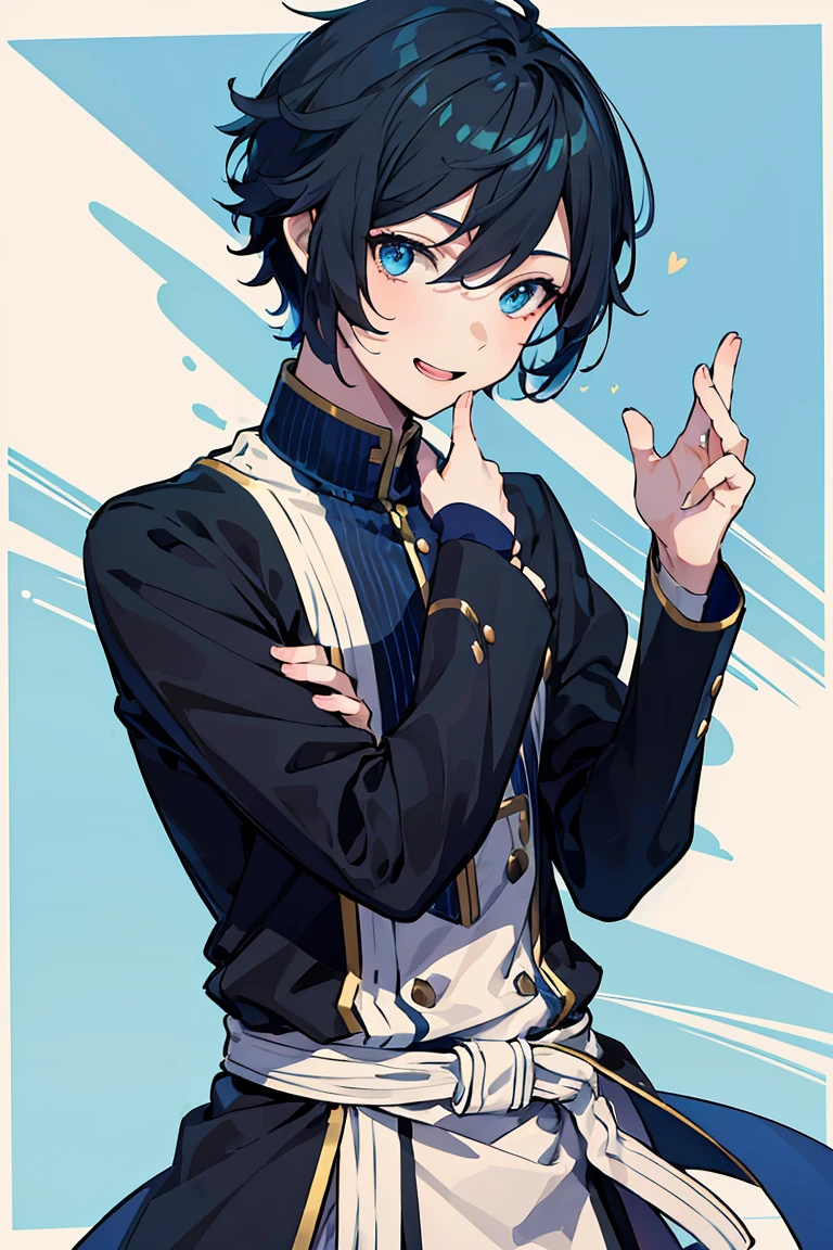 1 A boy dressed in ,male people,Cheerful and lively,Welcoming and lovely,Charming, Handsome,fashion hair,short detailed hair,Playful expression,Side face avatar,Black color hair,vivid background,blue eyes, (solo)