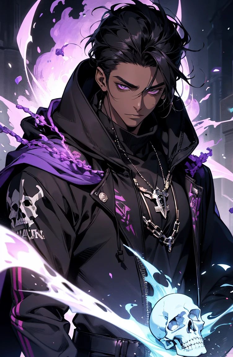 male with bones, looking away from camera, skulls, bones, handsome, black, dark skin, tall, broad shoulders, black hair, purple, purple fire, magic, detailed face, fantasy, hoodie
