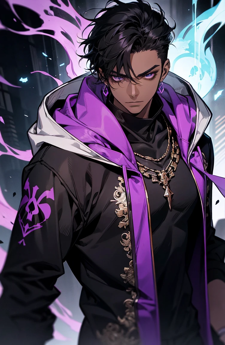 male with bones, looking away from camera, skulls, bones, handsome, black, dark skin, tall, broad shoulders, black hair, purple, purple fire, magic, detailed face, fantasy, hoodie