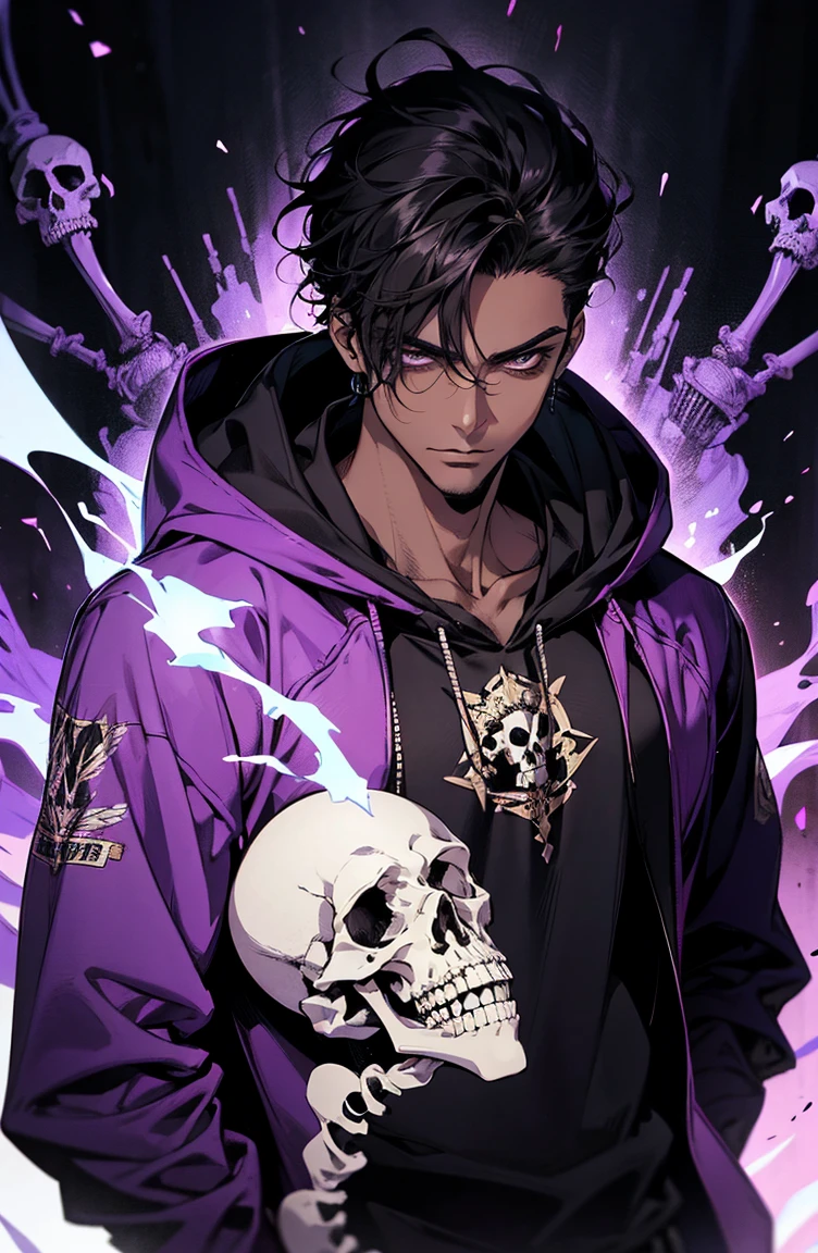 male with bones, looking away from camera, skulls, bones, handsome, black, dark skin, tall, broad shoulders, black hair, purple, purple fire, magic, detailed face, fantasy, hoodie
