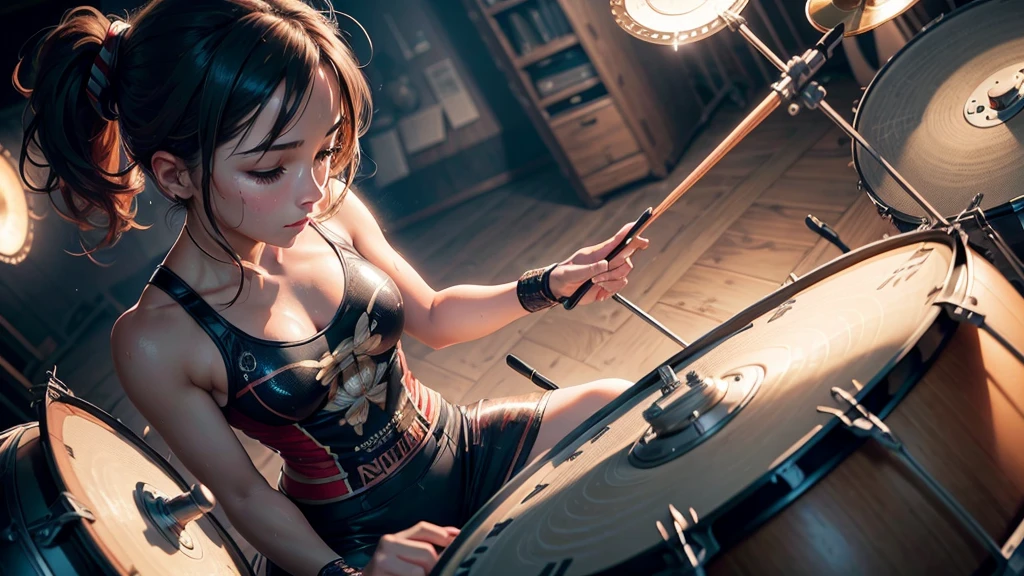 (view from top angle), (digital painting: 1.4), very detailed illustration, best work, (a beautiful woman sitting playing the drums), sweaty body, wet, 3d render, rocker clothes, very energetic, bright studio light emitting the light is focused on each part of the drum, with agile hand movements, the sparkles of light reflect small sparks on the cymbals and the surface of the drum, highly detailed, 8k
