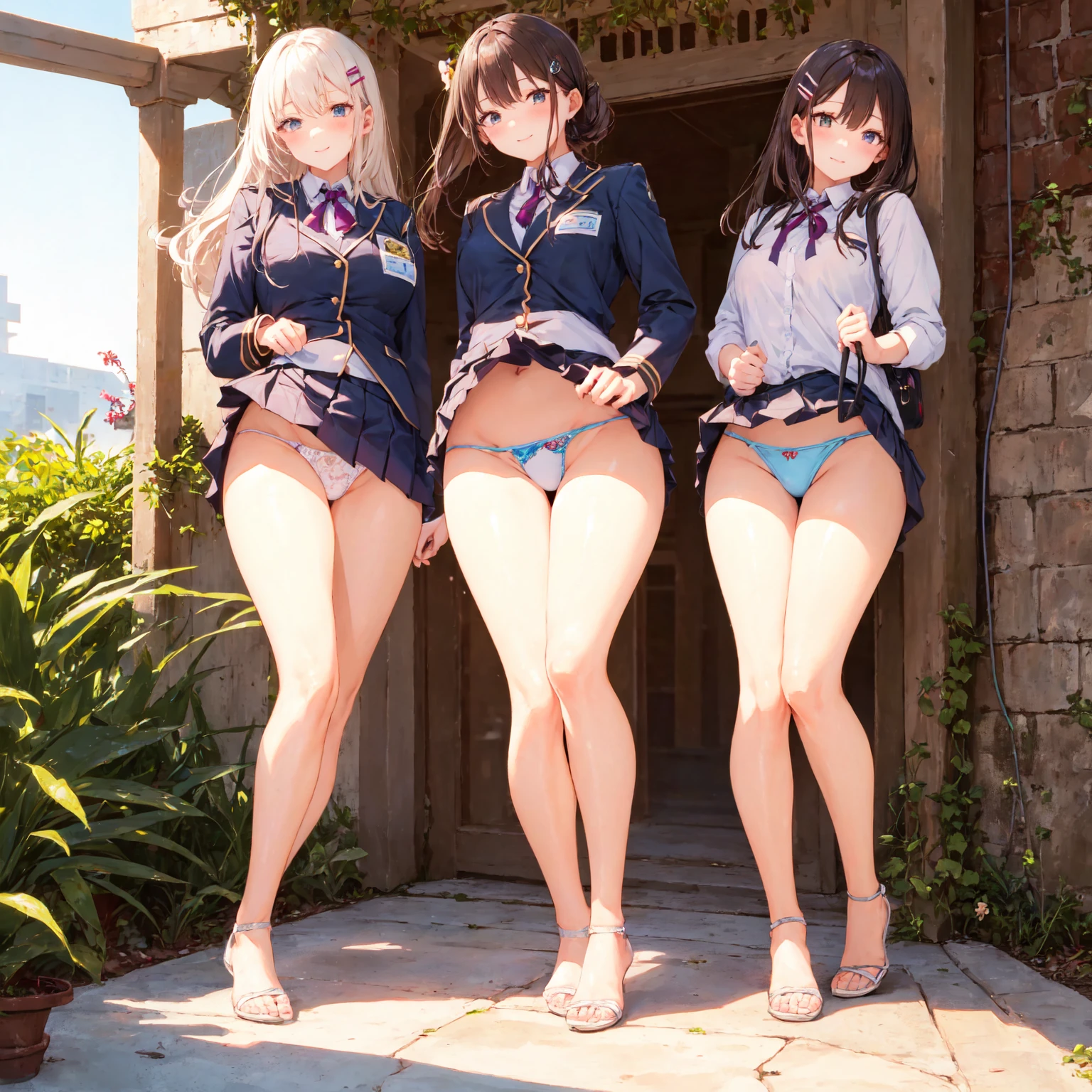 Texture CG, ((Ultra Detailed Art)), ((masterpiece)), (Highly detailed CG),Multiple Girls,Three Girls,Harem,Are standing,  ,((((uniform))),skirt ,(((pleated mini skirt)))), White shirt, School Bags , Beautiful feet,From directly below, Wind power increase,((String Panties),(White sexy panties)),Long Hair, Brown Hair,curve, Beautiful attention to detail , Glowing Skin, hair ornaments, Hair Clip, Open your mouth ,A light smile, Embarrassing:1.4,