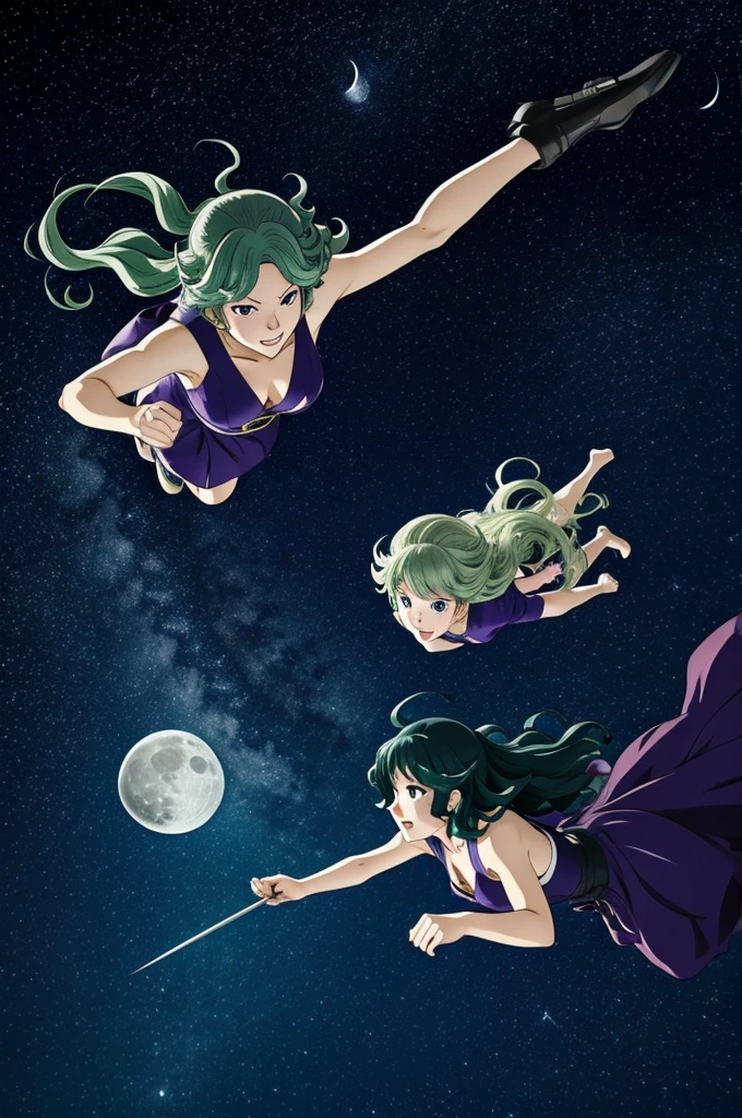 Tatsumaki and Nejire Hado flying. It's nighttime and we can see the stars and the moon.