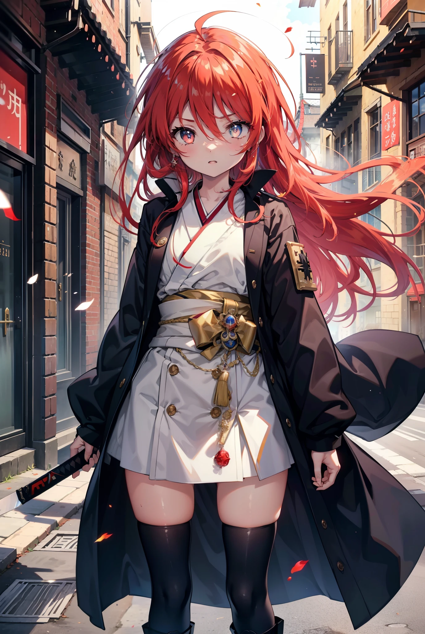 Shana,灼眼のShana,Long Hair, Redhead, Red eyes,Small breasts:1.2), Open your mouth,Purple kimono,Red too,boots,hold the hilt of the sword in one&#39;s hand,Battoujutsu,
break looking at viewer, Upper Body, whole body,
break outdoors, Medieval European streets,
break (masterpiece:1.2), Highest quality, High resolution, unity 8k wallpaper, (shape:0.8), (Narrow and beautiful eyes:1.6), Highly detailed face, Perfect lighting, Extremely detailed CG, (Perfect hands, Perfect Anatomy),