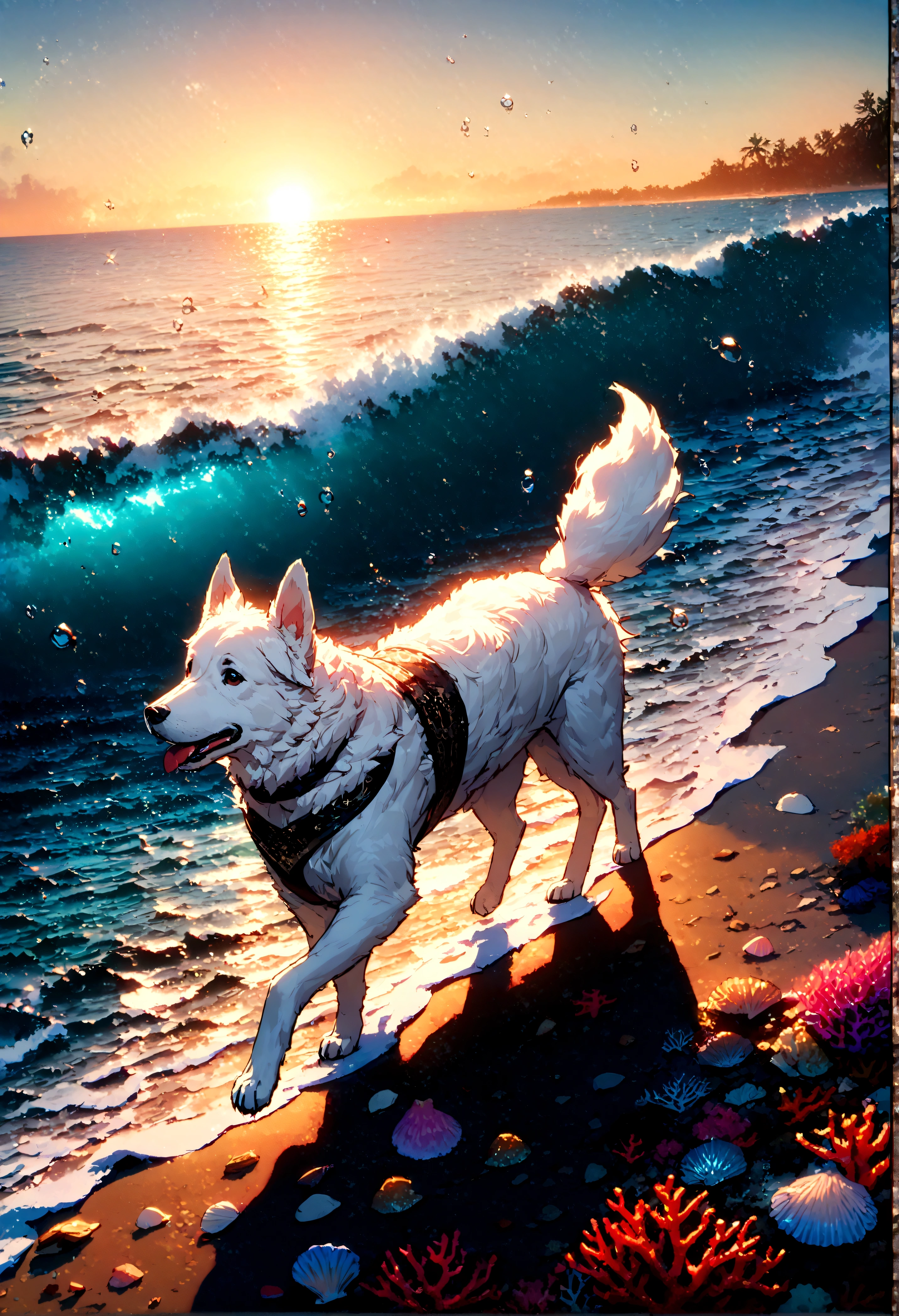 quality\(8k,wallpaper of extremely detailed CG unit, masterpiece,hight resolution,top-quality,top-quality real texture skin,hyper realisitic,increase the resolution,RAW photos,best qualtiy,highly detailed,the wallpaper,cinematic lighting,ray trace,golden ratio\), BREAK ,lady\(young,beautiful,clean,healthy\) is leading a dog\(white fur,White-Swiss-Shepherd-Dog,detailed beautiful fur\) is walking happily on the beach\(sea\(waves,very detailed, beautiful, clear\) , many coral reefs,colorful seashells\),golden hour,(long shot:1.5)