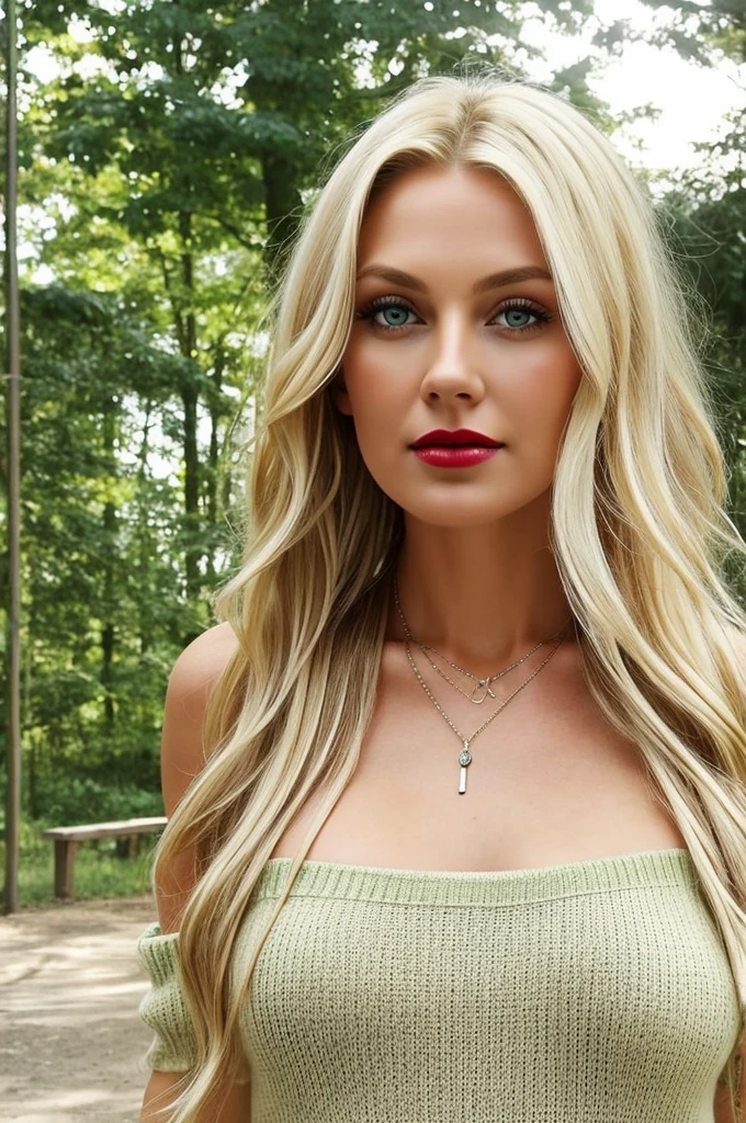 1girl in, age36, Solo, Long hair, Colossal , Looking at Viewer, blondehair, Bare shoulders, green eyes, jewely, Full body, a necklace, off shoulders, Sweaters, Realistic, A sexy, red bright lips, full growth