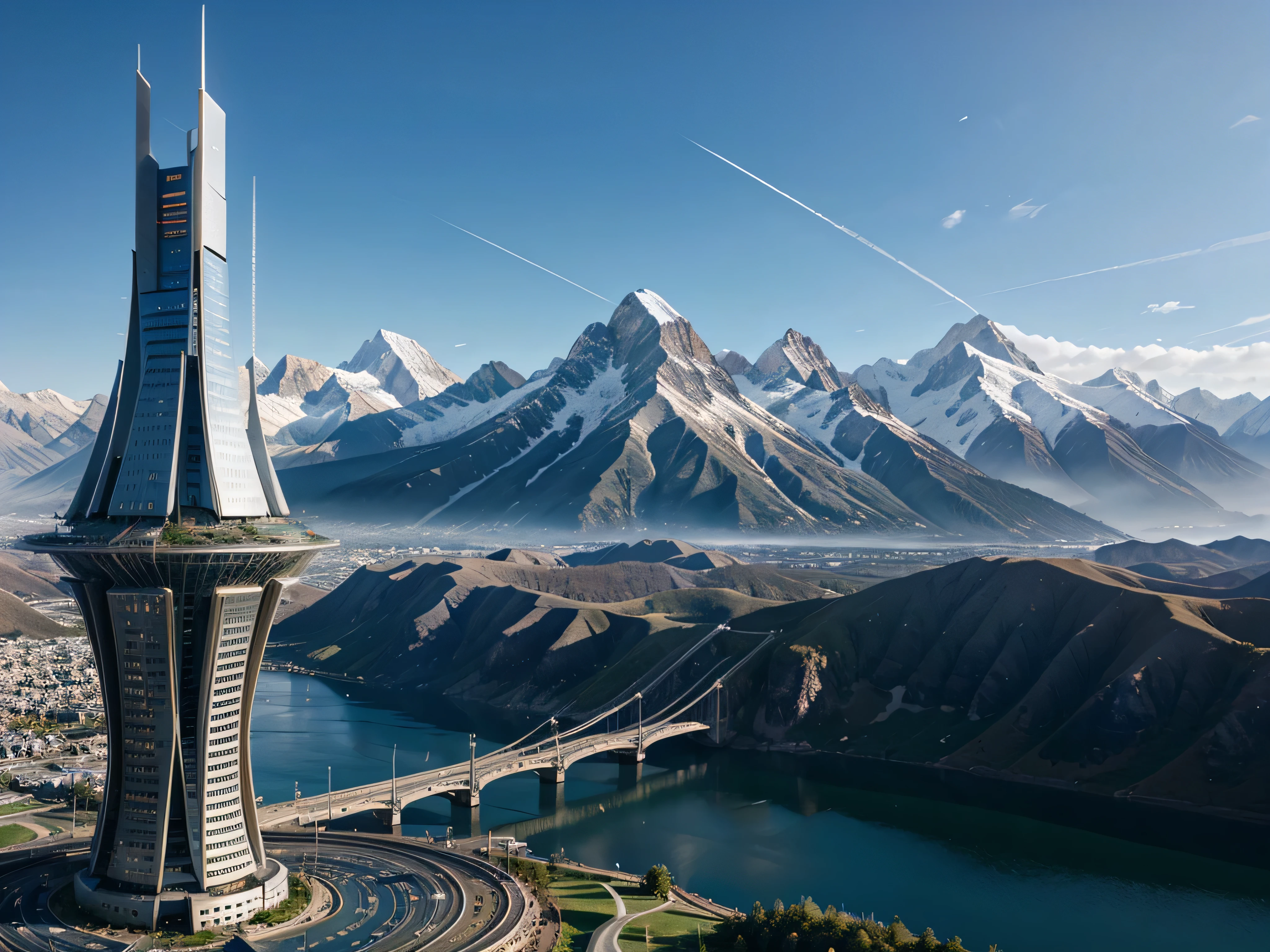 futuristic city, fantasy, 23rd century, mountains