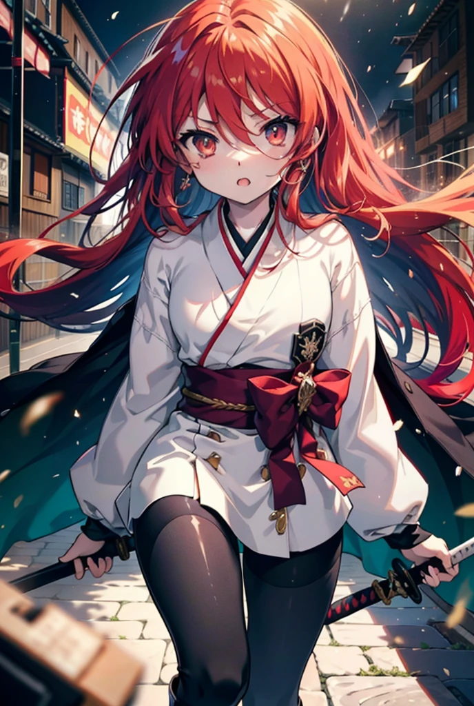 Shana,灼眼のShana,Long Hair, Redhead, Red eyes,Small breasts:1.2), Open your mouth,Purple kimono,Red too,boots,hold the hilt of the sword in one&#39;s hand,Battoujutsu,
break looking at viewer, Upper Body, whole body,
break outdoors, Medieval European streets,
break (masterpiece:1.2), Highest quality, High resolution, unity 8k wallpaper, (shape:0.8), (Narrow and beautiful eyes:1.6), Highly detailed face, Perfect lighting, Extremely detailed CG, (Perfect hands, Perfect Anatomy),