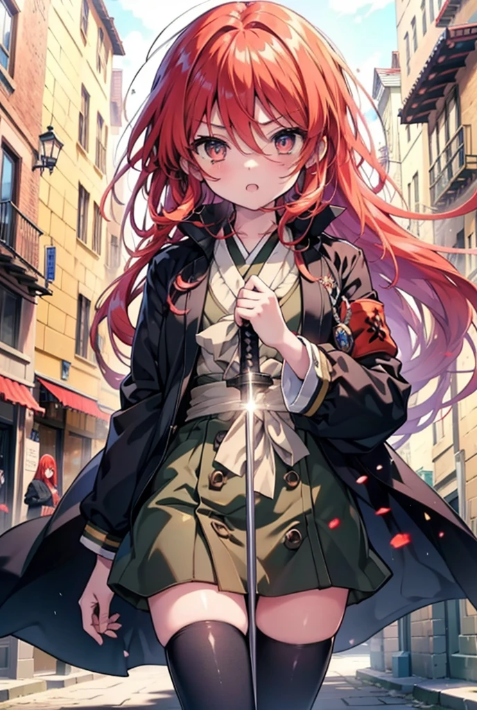 Shana,灼眼のShana,Long Hair, Redhead, Red eyes,Small breasts:1.2), Open your mouth,Purple kimono,Red too,boots,hold the hilt of the sword in one&#39;s hand,Battoujutsu,
break looking at viewer, Upper Body, whole body,
break outdoors, Medieval European streets,
break (masterpiece:1.2), Highest quality, High resolution, unity 8k wallpaper, (shape:0.8), (Narrow and beautiful eyes:1.6), Highly detailed face, Perfect lighting, Extremely detailed CG, (Perfect hands, Perfect Anatomy),