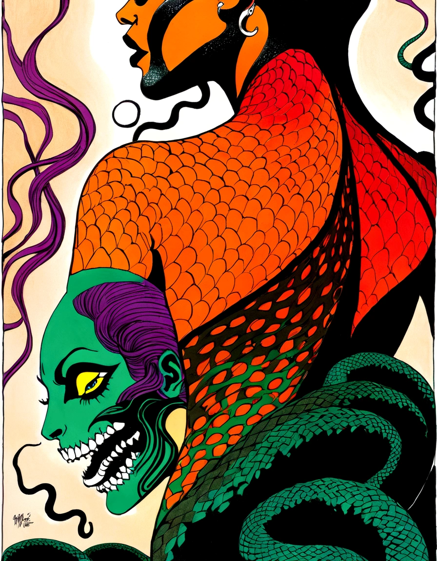 Medusa, splash page decompressed comic cover art, ink style figure,((expressive Joelle Jones and "Sean Gordon Murphy" comic drawing)), wordless, cinematic poster, double exposure, optical illusion, image within image, abyss void black no visibility darkness, full length portrait, (background, pine barrens, entropy, rewilding, magic hour sunset, galaxy stars, cosmos), (horror, abstract, surreal, body, cosmic), candid, snake skin dress, morphology anatomy drawn Frederic Delavier musculature anatomical illustration, (face, ornate black metal corpse paint, resembles Grace Jones), (body, Naga, snakefolk, lower body snake tail, snake woman hybrid, bald, hairless, skeleton, snake skin tattoos, piercing eyes, snake pupils, over the shoulder), (colors, bleak muted deep fiery radiant glowing ROYGBIV, forest green, earth brown), craftsmanship nuance, (Gerardo Zaffino charcoal), subliminal orchids, nyctophobia, silhouette
