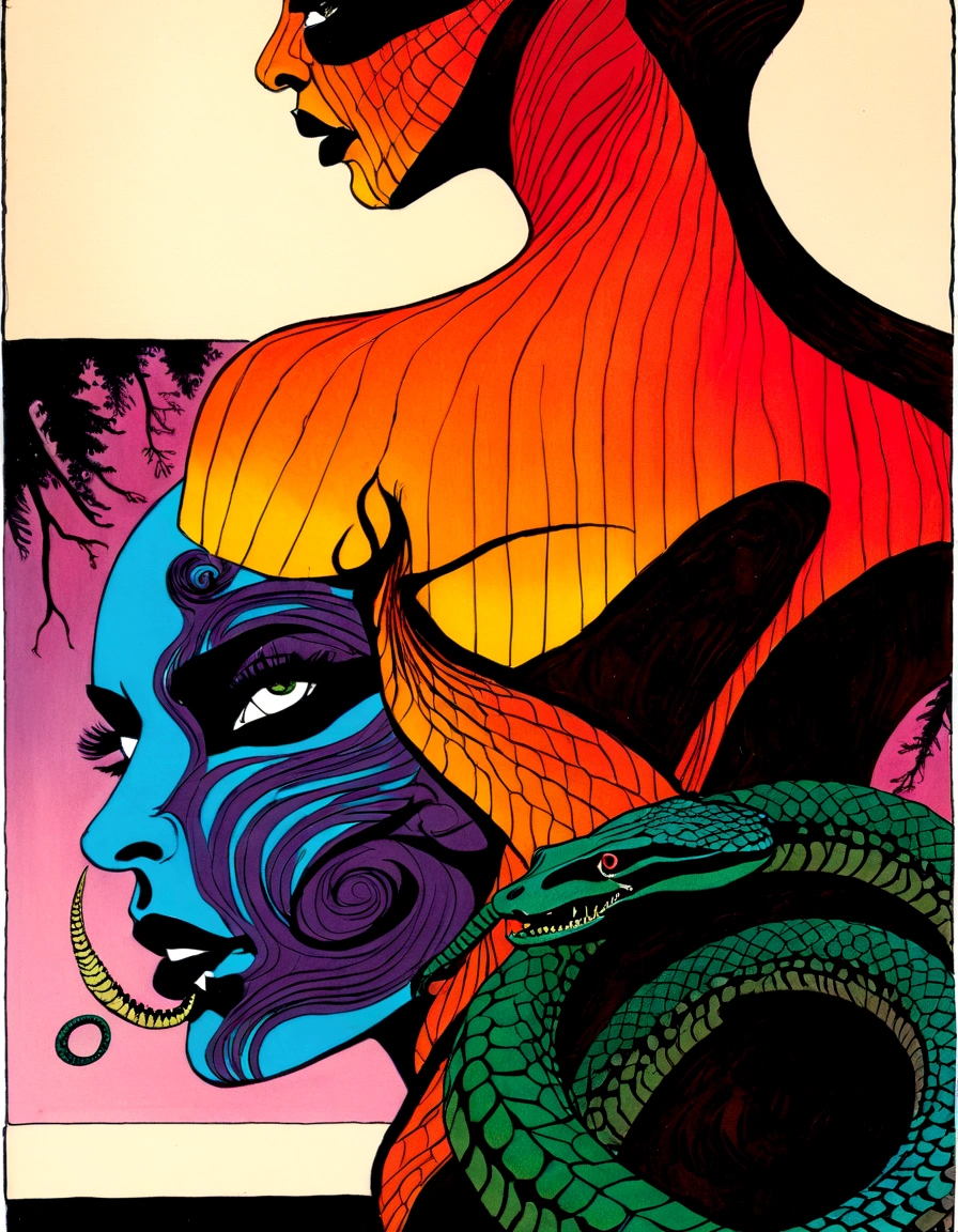 Medusa, splash page decompressed comic cover art, ink style figure,((expressive Joelle Jones and "Sean Gordon Murphy" comic drawing)), wordless, cinematic poster, double exposure, optical illusion, image within image, abyss void black no visibility darkness, full length portrait, (background, pine barrens, entropy, rewilding, magic hour sunset, galaxy stars, cosmos), (horror, abstract, surreal, body, cosmic), candid, snake skin dress, morphology anatomy drawn Frederic Delavier musculature anatomical illustration, (face, ornate black metal corpse paint, resembles Grace Jones), (body, Naga, snakefolk, lower body snake tail, snake woman hybrid, bald, hairless, skeleton, snake skin tattoos, piercing eyes, snake pupils, over the shoulder), (colors, bleak muted deep fiery radiant glowing ROYGBIV, forest green, earth brown), craftsmanship nuance, (Gerardo Zaffino charcoal), subliminal orchids, nyctophobia, silhouette