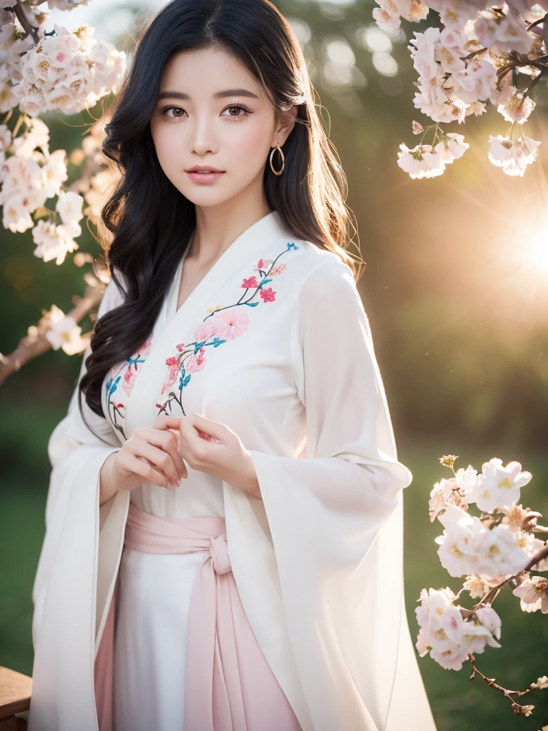 (logo、masterpiece、8K、table top、RAW photo、wonderful、最high quality、Photorealistic、very detailed CG integrated 8K wallpaper、high quality、very detailed、narrative poem、particle effects、dynamic effects、Depth of the bounds written、cinematic light、Lens flare、ray tracing)、fantasy、 (beautiful、1 beautiful woman、white kimono、Japan Dresses、white embroidery pattern、black haired、Beautiful face、real face、Beautiful details of eyes, beautiful skin)、Ample Round Bosom, Hair flutters in wind、hair bounces、pink cherry tree、petals dance、SakuraFubuki、Spectacular view、sunrise、sun on background、wind、god々、tooth、god story、vast land