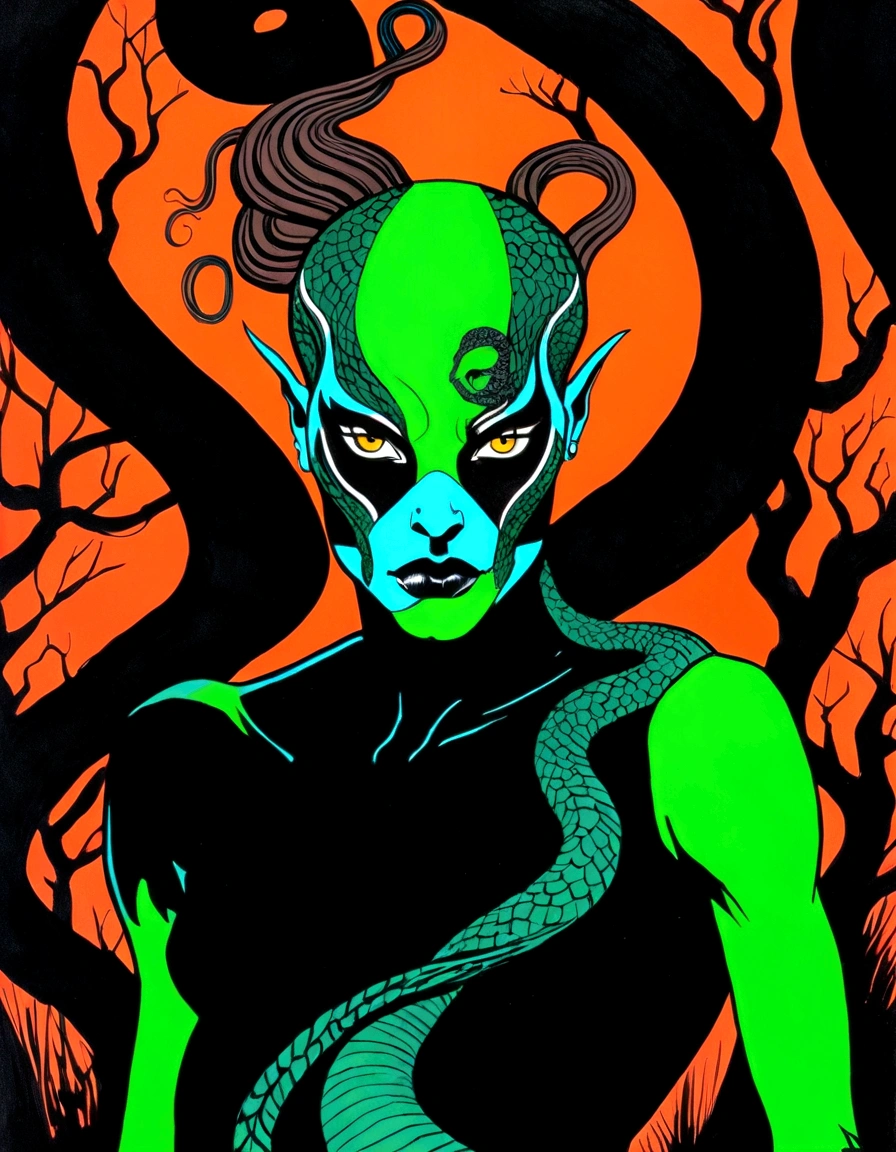 Medusa, splash page decompressed comic cover art, ink style figure,((expressive Joelle Jones and "Sean Gordon Murphy" comic drawing)), wordless, cinematic poster, double exposure, optical illusion, image within image, abyss void black no visibility darkness, full length portrait, (background, pine barrens, entropy, rewilding, magic hour sunset, galaxy stars, cosmos), (horror, abstract, surreal, body, cosmic), candid, snake skin dress, morphology anatomy drawn Frederic Delavier musculature anatomical illustration, (face, ornate black metal corpse paint, resembles Grace Jones), (body, Naga, snakefolk, lower body snake tail, snake woman hybrid, bald, hairless, skeleton, snake skin tattoos, piercing eyes, snake pupils, over the shoulder), (colors, bleak muted deep fiery radiant glowing ROYGBIV, forest green, earth brown), craftsmanship nuance, (Gerardo Zaffino charcoal), subliminal orchids, nyctophobia, silhouette