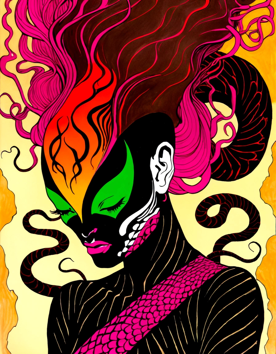 Medusa, splash page decompressed comic cover art, ink style figure,((expressive Joelle Jones and "Sean Gordon Murphy" comic drawing)), wordless, cinematic poster, double exposure, optical illusion, image within image, abyss void black no visibility darkness, full length portrait, (background, pine barrens, entropy, rewilding, magic hour sunset, galaxy stars, cosmos), (horror, abstract, surreal, body, cosmic), candid, snake skin dress, morphology anatomy drawn Frederic Delavier musculature anatomical illustration, (face, ornate black metal corpse paint, resembles Grace Jones), (body, Naga, snakefolk, lower body snake tail, snake woman hybrid, bald, hairless, skeleton, snake skin tattoos, piercing eyes, snake pupils, over the shoulder), (colors, bleak muted deep fiery radiant glowing ROYGBIV, forest green, earth brown), craftsmanship nuance, (Gerardo Zaffino charcoal), subliminal orchids, nyctophobia, silhouette
