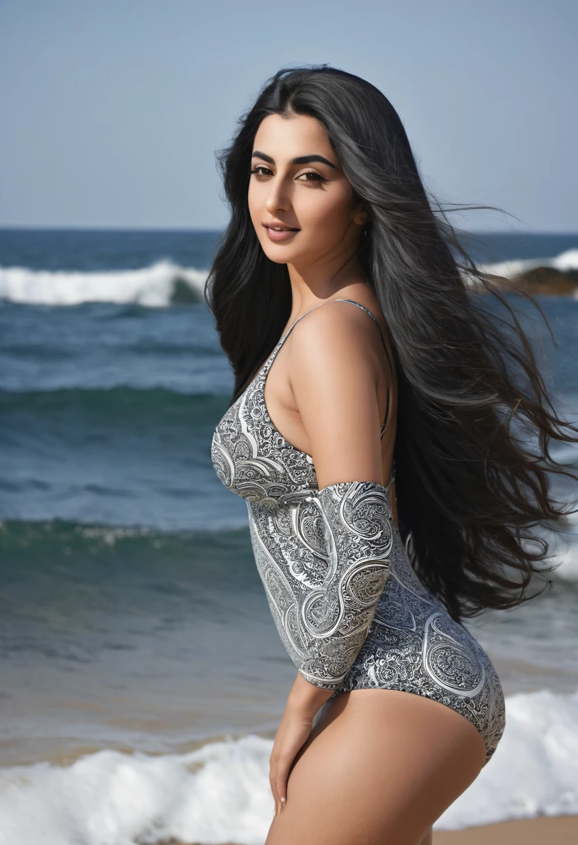 close-up, full length, 17 years arabic , in sexual swimsuit, very big hips,very long black and white hair ,backdrop of sea with waves, looking at me,flirt, ultra-high-quality detailing
