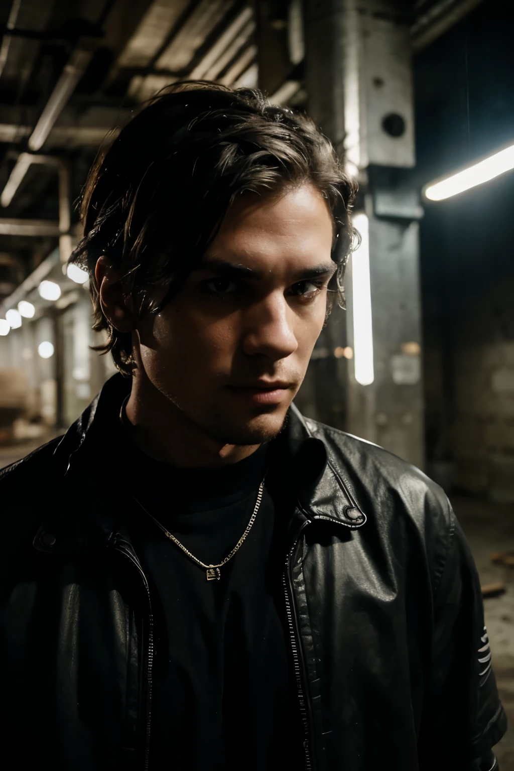 day vibes , huge underground warehouse, techno raver, looking badass, no blur, 8k - night time - party time, no blurry eyes, male model, clear faces, HD, realism, late night