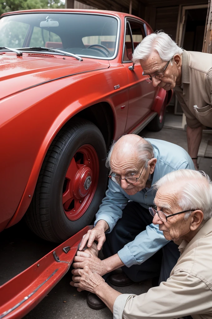 An old red car with an elderly man trying to fix it while his young grandson watches 