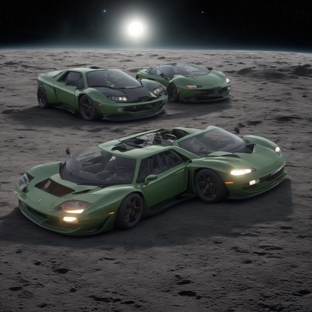 ((Best Quality)), ((Masterpiece)), (detailed), a single lamborghini diablo, on the moon with space and background planets and galaxies with faint purple, light blue and green colors