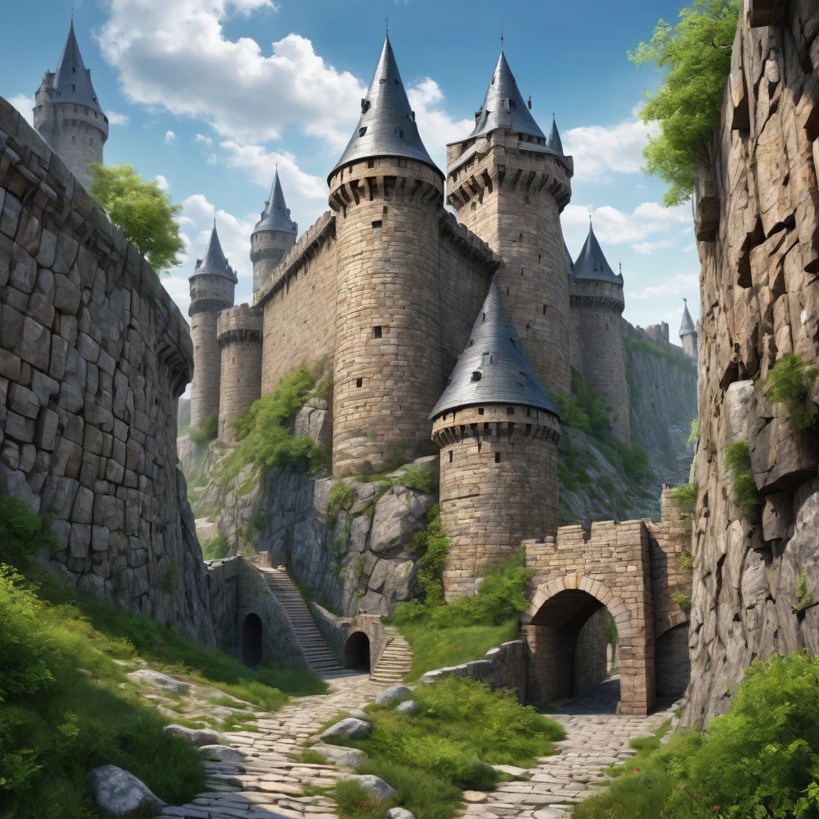 (best quality)), ((masterpiece)), ((realistic,digital art)), (super detailed), gigantic gneiss wall of a fortified city, very important fortifications, (gigantic, very slender towers), (medieval fantasy style), view from the ground
