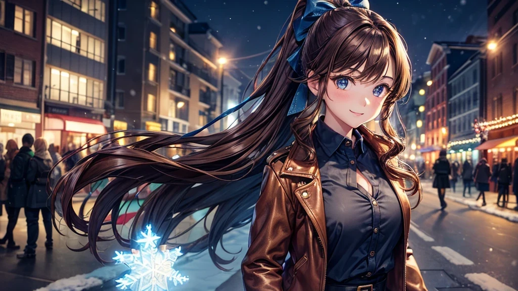 1girl, solo, christmas, ((christmas tree)), street, night, lights, snow, long hair, brown hair, curly hair, ponytail, large full breasts, ((brown leather jacket)), button down shirt, dark blue eyes, ((blue shirt)), ((unbuttoned shirt)), ((long skirt)), smile, ((unbuttoned shirt)), unbuttoning buttons, cleavage 1:3, looking at the viewer, standing, hair ribbon, golden necklate