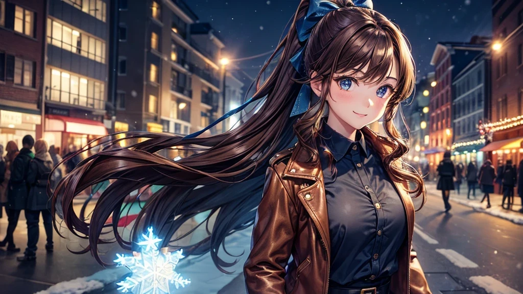 1girl, solo, christmas, ((christmas tree)), street, night, lights, snow, long hair, brown hair, curly hair, ponytail, large full breasts, ((brown leather jacket)), button down shirt, dark blue eyes, ((blue shirt)), ((unbuttoned shirt)), ((long skirt)), smile, ((unbuttoned shirt)), unbuttoning buttons, cleavage 1:3, looking at the viewer, standing, hair ribbon, golden necklate