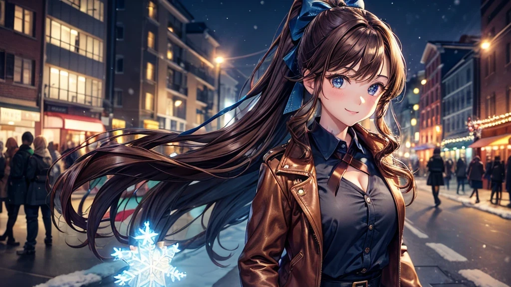 1girl, solo, christmas, ((christmas tree)), street, night, lights, snow, long hair, brown hair, curly hair, ponytail, large full breasts, ((brown leather jacket)), button down shirt, dark blue eyes, ((blue shirt)), ((unbuttoned shirt)), ((long skirt)), smile, ((unbuttoned shirt)), unbuttoning buttons, cleavage 1:3, looking at the viewer, standing, hair ribbon, golden necklate