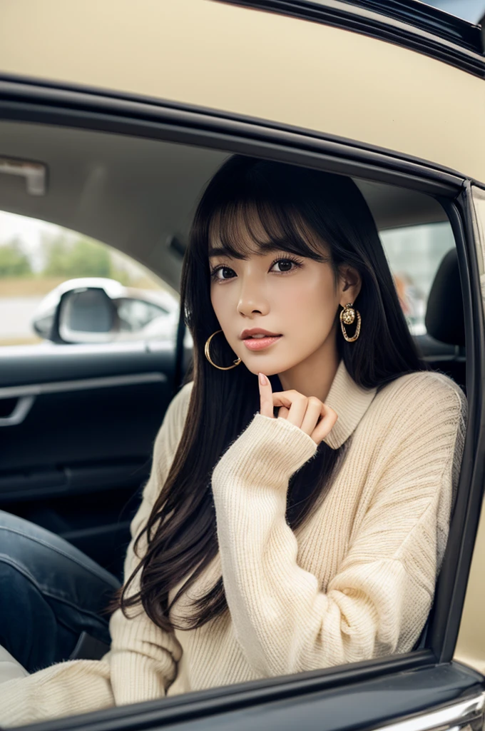 Assistant seat、Inside the car at the driving school, driving school instructor, ((full body)), ((photo)), ((best qualtiy, 8K, tmasterpiece:1.3)), Focus:1.2, perfect figure beautiful girl:1.4, 1girl, cowboy shot, look at viewer, incredibly absurd, beautiful and cute girl with a photorealistic face, showcasing top-quality craftsmanship, A Japanese woman sitting in the passenger seat of a car at a driving school, 22 years old, has long, shiny, straight black hair, long bangs cut above her eyes as see-through bangs, large, dark eyes, long eyelashes, cat-like eyes with slightly upturned corners, well-defined eyebrows, double eyelids, straight nose, thin lips but a healthy, natural red color, well-aligned teeth, sharp jawline, fair, clear skin, smooth skin, long limbs, tall, slender, well-balanced proportions, beautiful C-cup breasts, wearing a white blouse with a black tight skirt and a beige jacket over it. The skirt is knee-length, an elegant and chic outfit, a single diamond earring in her left ear, and a slim gold ring on her middle finger on her right hand, a beautiful older woman, beautiful, neat, serious, responsible, kid, April