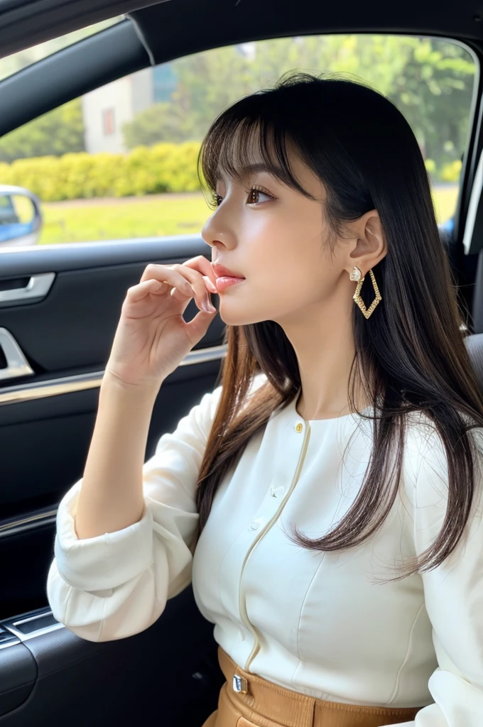 Assistant seat、Inside the car at the driving school, driving school instructor, ((full body)), ((photo)), ((best qualtiy, 8K, tmasterpiece:1.3)), Focus:1.2, perfect figure beautiful girl:1.4, 1girl, cowboy shot, look at viewer, incredibly absurd, beautiful and cute girl with a photorealistic face, showcasing top-quality craftsmanship, A Japanese woman sitting in the passenger seat of a car at a driving school, 22 years old, has long, shiny, straight black hair, long bangs cut above her eyes as see-through bangs, large, dark eyes, long eyelashes, cat-like eyes with slightly upturned corners, well-defined eyebrows, double eyelids, straight nose, thin lips but a healthy, natural red color, well-aligned teeth, sharp jawline, fair, clear skin, smooth skin, long limbs, tall, slender, well-balanced proportions, beautiful C-cup breasts, wearing a white blouse with a black tight skirt and a beige jacket over it. The skirt is knee-length, an elegant and chic outfit, a single diamond earring in her left ear, and a slim gold ring on her middle finger on her right hand, a beautiful older woman, beautiful, neat, serious, responsible, kid, April