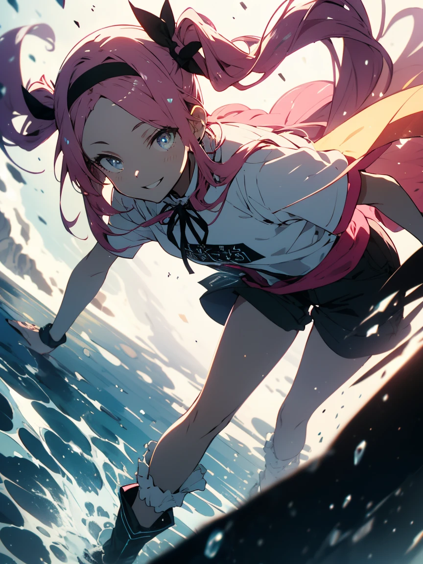 (Highest quality、masterpiece、High resolution、detailed)、(Shining Eyes、detailed美しい顔)、1 girl、(T-Shirts,Shorts),smile,short boots,outskirts、Slope background、Beautiful Anime, (pink hair, twin tails twin drill, show your forehead, blue eyes, White frilled white headband, slanted eyes, smile, long sideburns, curled bangs, neck ribbon, Forehead, amount),