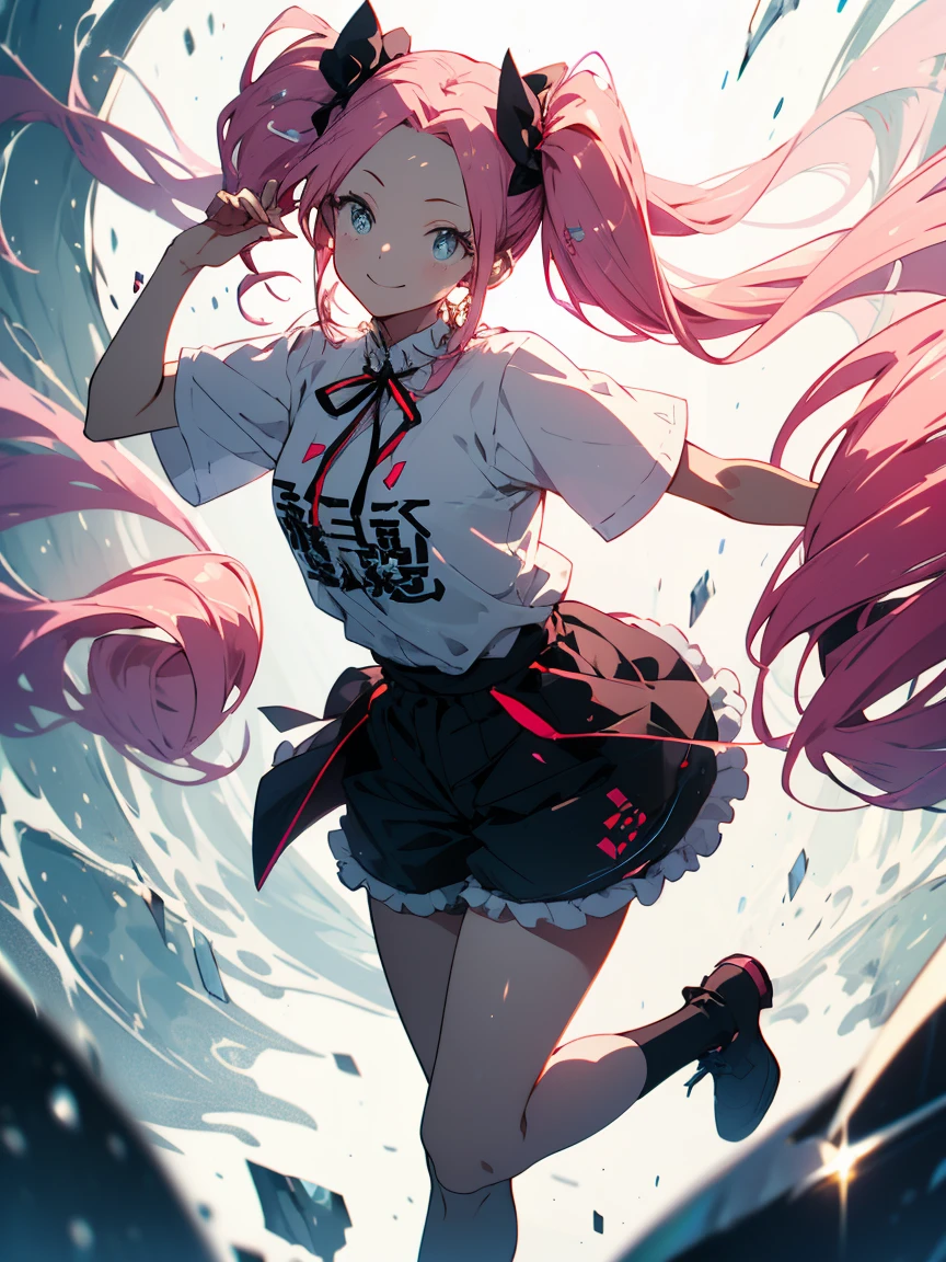 (Highest quality、masterpiece、High resolution、detailed)、(Shining Eyes、detailed美しい顔)、1 girl、(T-Shirts,Shorts),smile,short boots,outskirts、Slope background、Beautiful Anime, (pink hair, twin tails twin drill, show your forehead, blue eyes, White frilled white headband, slanted eyes, smile, long sideburns, curled bangs, neck ribbon, Forehead, amount),