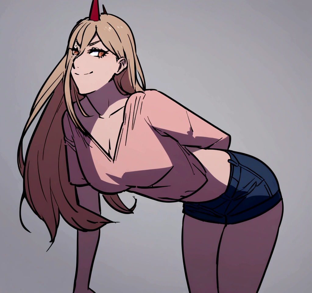 A Power, wearing a pink blouse , and short shorts. Facing forward and smiling with a sexy look