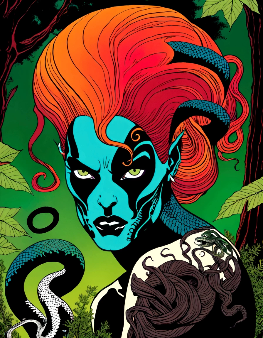 Medusa, splash page decompressed comic cover art, ink style figure,((expressive Joelle Jones and "Sean Gordon Murphy" comic drawing)), wordless, cinematic poster, double exposure, optical illusion, image within image, abyss void black no visibility darkness, full length portrait, (background, pine barrens, entropy, rewilding, magic hour sunset, galaxy stars, cosmos), (horror, abstract, surreal, body, cosmic), candid, snake skin dress, morphology anatomy drawn Frederic Delavier musculature anatomical illustration, (face, ornate black metal corpse paint, resembles Grace Jones), (body, Naga, snakefolk, lower body snake tail, snake woman hybrid, bald, hairless, skeleton, snake skin tattoos, piercing eyes, snake pupils, over the shoulder), (colors, bleak muted deep fiery radiant glowing ROYGBIV, forest green, earth brown), craftsmanship nuance, (Gerardo Zaffino charcoal), subliminal orchids, nyctophobia, silhouette
