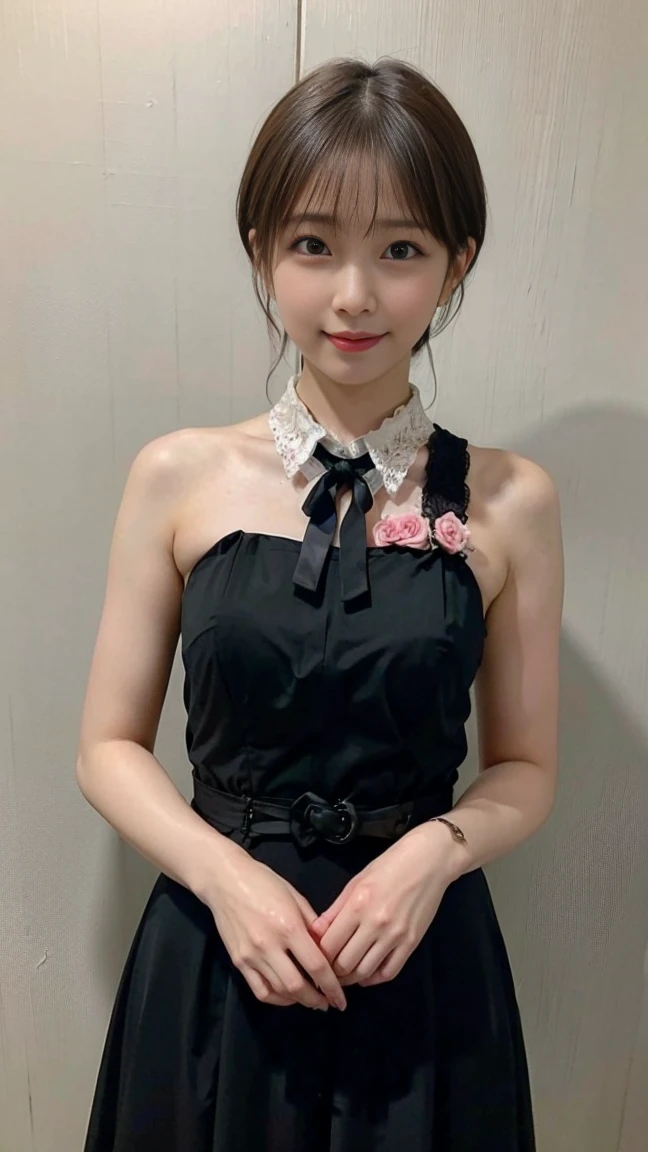 1 Nogizaka Musume、very cute、beautiful girl、19 years old、(gothic  fashion)、beautiful face, Exquisite details of eyes and skin、fine black shiny hair、Classy ruffles、frilled tie、ribbon tie、rose hair accessories、(smile at the camera)、(cowboy shot)、(sea of europe)、professional lighting、break、(realistic、Photoreal:1.37)、8K、(masterpiece)、(highest quality:1.4)、(Super high resolution:1.2)、 (Raw photo:1.2)、(delicate lace、soft fabric、beautiful rose pattern dress)、perfect anatomy、4 fingers and 1 thumb、seaside background、(Wallpaper by Unity 8K)