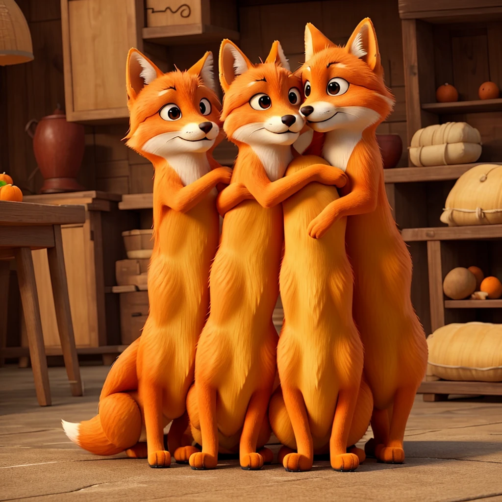 Many orange foxes hugging each other