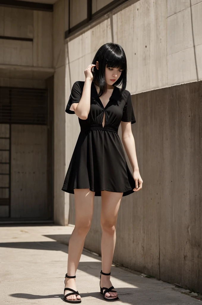 Generates an image of a white-skinned girl with black hair and bangs, and her eyes were waterlogged wearing a dress with a slit in the leg
